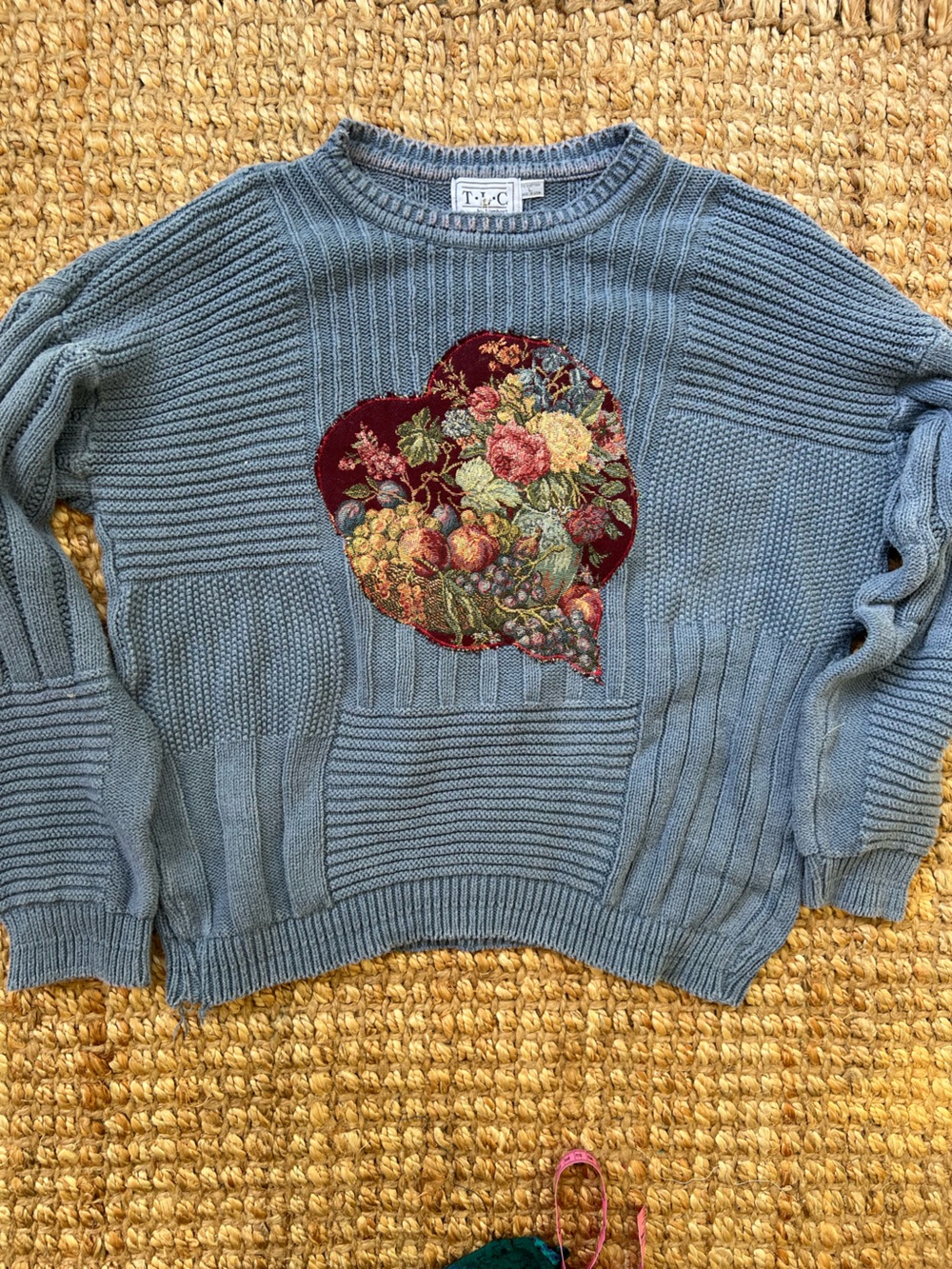 Upcycled Dusty Blue Patchwork Sweater with Floral Heart Applique